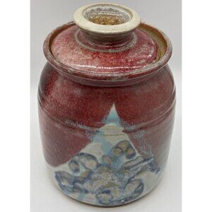 Bogan Pottery Canister with lid in blue and red Handmade and stamped